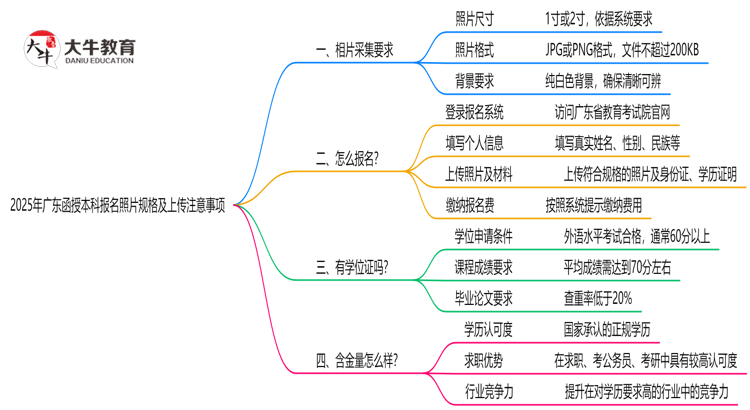 2025年广东函授本科报名照片规格及上传注意事项思维导图